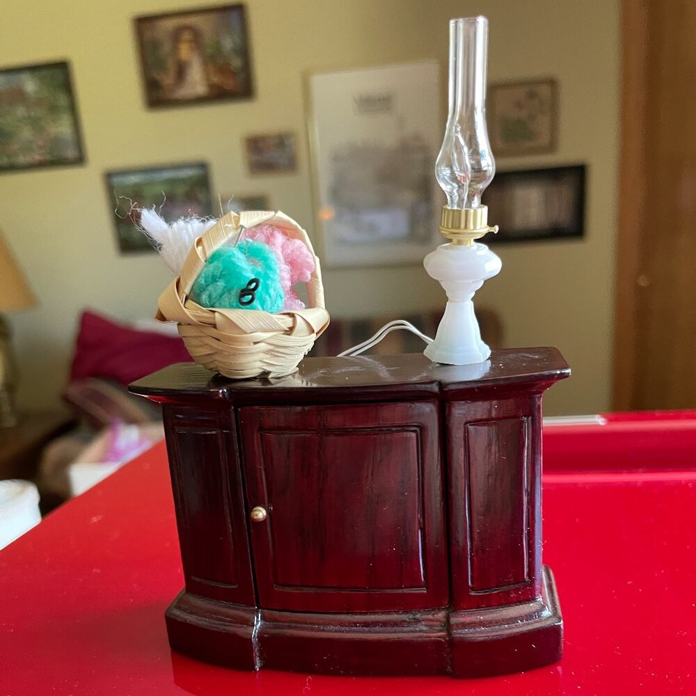 Vintage Miniature Dollhouse Bespaq Hall Table with Lamp and Yarn Basket